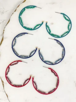 Crystal Beaded Trimmed Hoop Earrings - Teal
