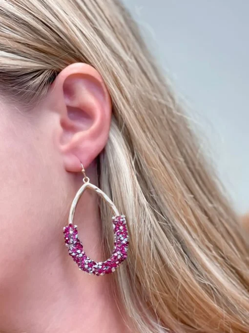 Crystal Encrusted Gold Teardrop Dangle Earrings - Fuchsia