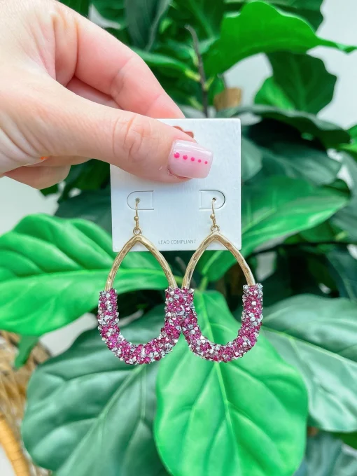 Crystal Encrusted Gold Teardrop Dangle Earrings - Fuchsia