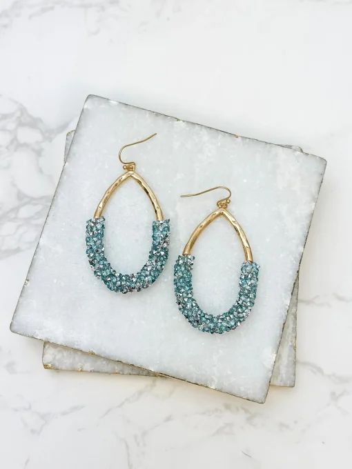 Crystal Encrusted Gold Teardrop Dangle Earrings - Blue