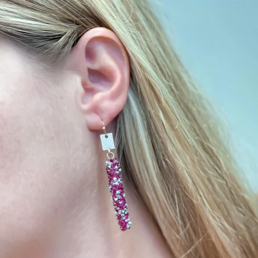 Crystal Encrusted Straight Dangle Earrings - Fuchsia