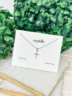 Cubic Zirconia Cross Pendant Necklace - Silver