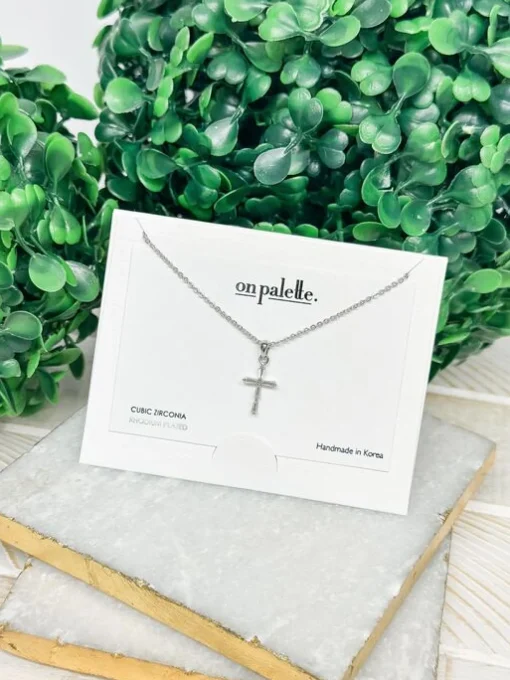 Cubic Zirconia Cross Pendant Necklace - Silver
