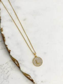 Cubic Zirconia Initial Disc Pendant Necklaces - Gold