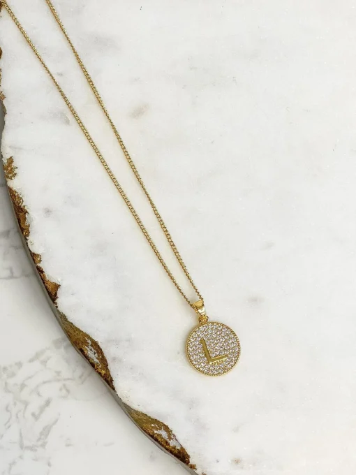 Cubic Zirconia Initial Disc Pendant Necklaces - Gold