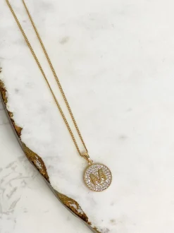 Cubic Zirconia Initial Disc Pendant Necklaces - Gold