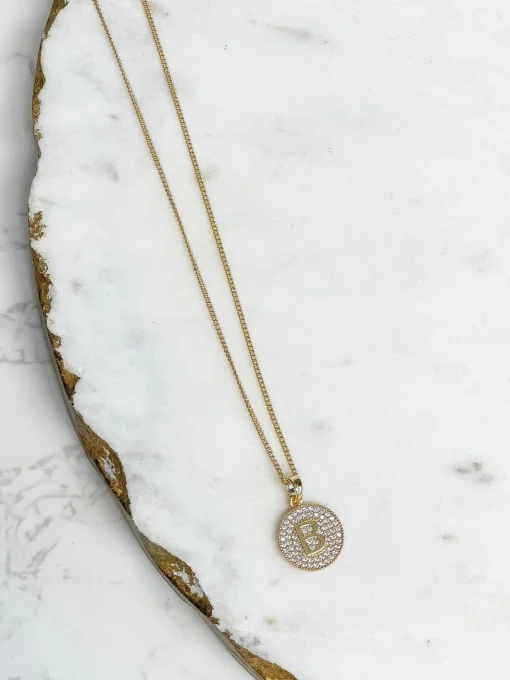 Cubic Zirconia Initial Disc Pendant Necklaces - Gold
