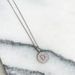 Cubic Zirconia Initial Disc Pendant Necklaces - White Gold