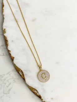 Cubic Zirconia Initial Disc Pendant Necklaces - Gold