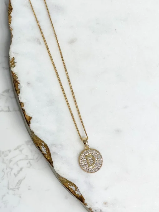 Cubic Zirconia Initial Disc Pendant Necklaces - Gold