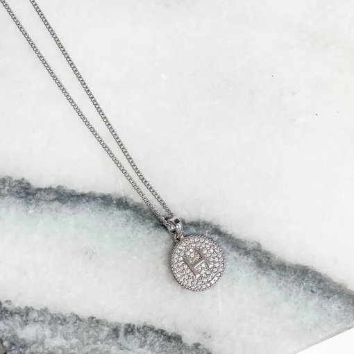 Cubic Zirconia Initial Disc Pendant Necklaces - White Gold