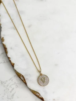Cubic Zirconia Initial Disc Pendant Necklaces - Gold