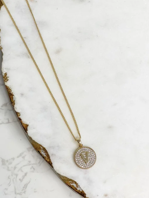 Cubic Zirconia Initial Disc Pendant Necklaces - Gold