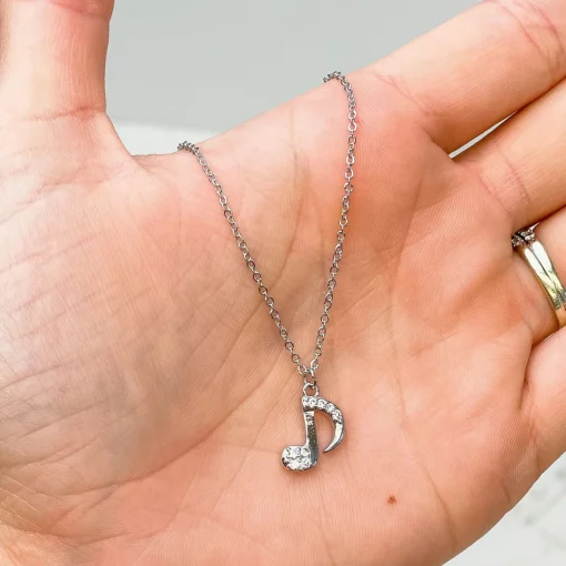 Cubic Zirconia Music Note Pendant Necklace - White Gold