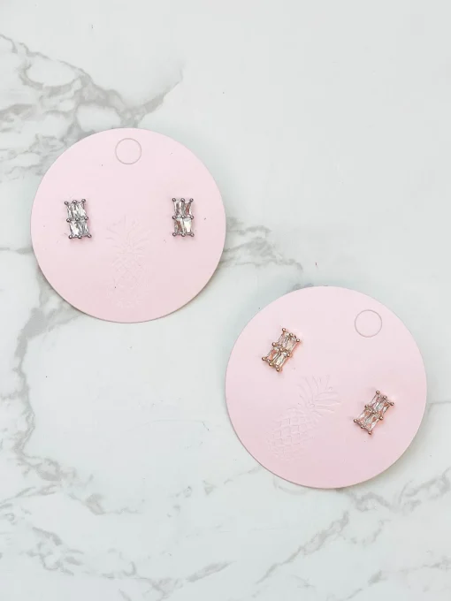 Cubic Zirconia Rectangle Cut Stud Earrings - Silver