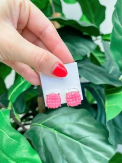 Cushion Embossed Stud Earrings - Pink