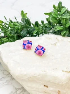 Dahlia Flower Print Crystal Stud Earrings - Navy