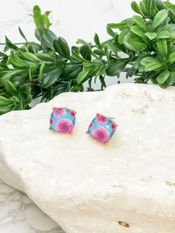 Dahlia Flower Print Crystal Stud Earrings - Teal