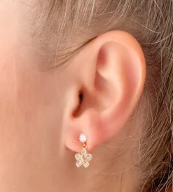 Dainty Cubic Zirconia Flower Dangle Earrings - Gold