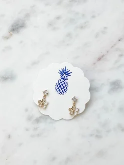 Dainty Cubic Zirconia Flower Dangle Earrings - Gold