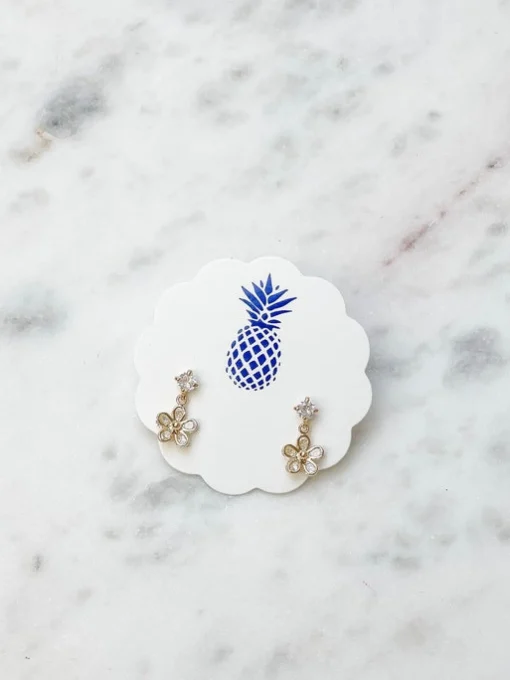 Dainty Cubic Zirconia Flower Dangle Earrings - Gold
