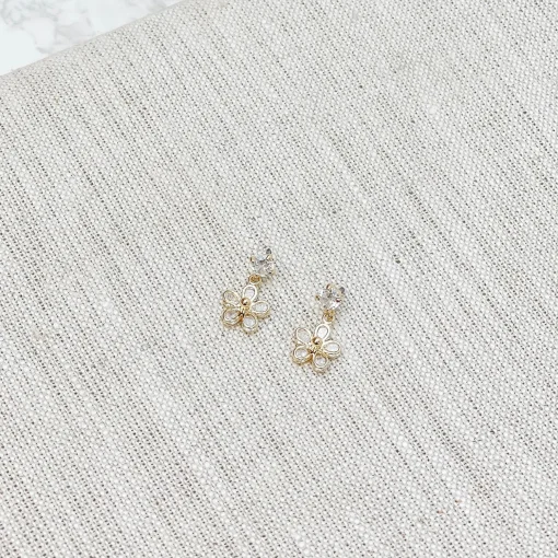 Dainty Cubic Zirconia Flower Dangle Earrings - Gold