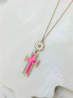 Daisy Cross Pendant Necklace - Pink