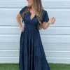 Denim V-Neck Short Sleeve Maxi Dress by Fantastic Fawn