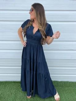 Denim V-Neck Short Sleeve Maxi Dress by Fantastic Fawn