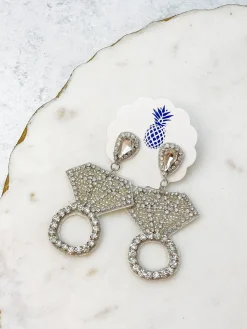 Diamond Ring Seed Bead Dangle Earrings - Silver