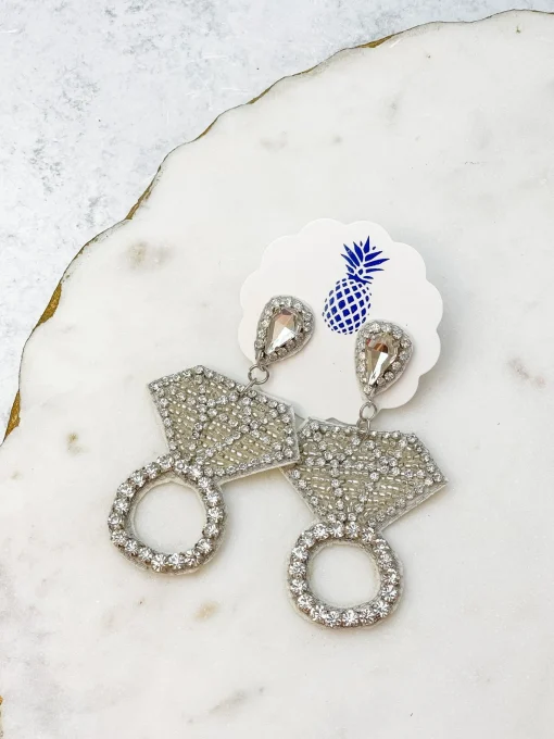 Diamond Ring Seed Bead Dangle Earrings - Silver