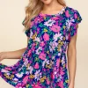 DOORBUSTER: Floral Peplum Ruffle Short Sleeve Top - Navy/Lilac