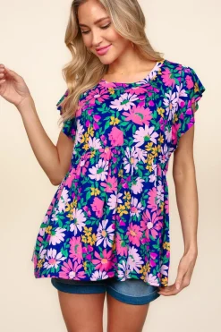 DOORBUSTER: Floral Peplum Ruffle Short Sleeve Top - Navy/Lilac