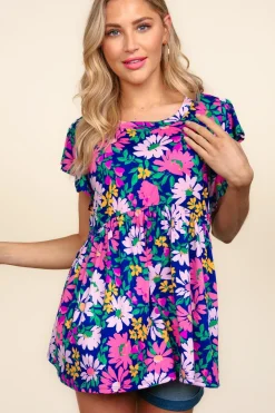 DOORBUSTER: Floral Peplum Ruffle Short Sleeve Top - Navy/Lilac