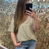 Drop Shoulder V-Neck Basic Tee by POL - Latte