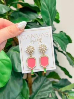 Ellie Pickleball Pearl Cluster Drop Earrings - Pink