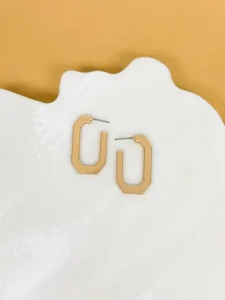 Elongated Octagon Matte Hoop Earrings - Gold