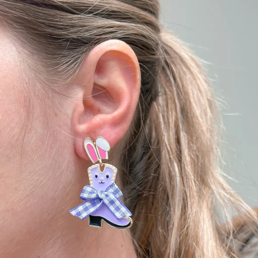 Enamel Bunny Boot Dangle Earrings - Purple