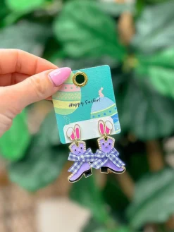 Enamel Bunny Boot Dangle Earrings - Purple