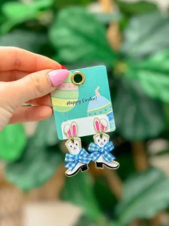 Enamel Bunny Boot Dangle Earrings - White