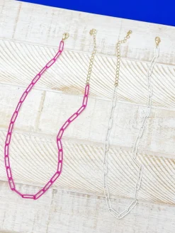 Enamel Paperclip Chain Necklace - Pink