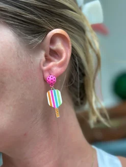Enamel Pickleball Dangle Earrings - Multi Stripe