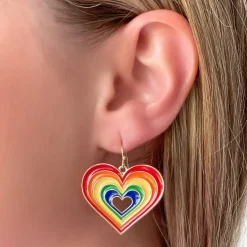 Enamel Rainbow Heart Dangle Earrings