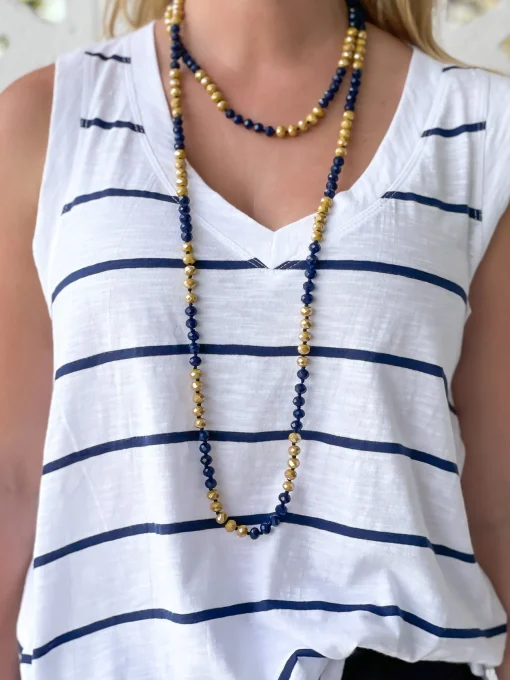 Endless Beaded Long Necklace - Navy Blue & Gold