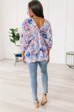 Fabled in Floral Draped Peplum Top in Blue