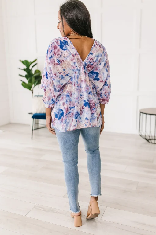 Fabled in Floral Draped Peplum Top in Blue