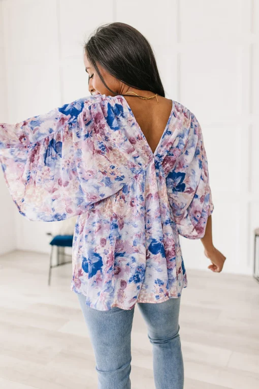 Fabled in Floral Draped Peplum Top in Blue