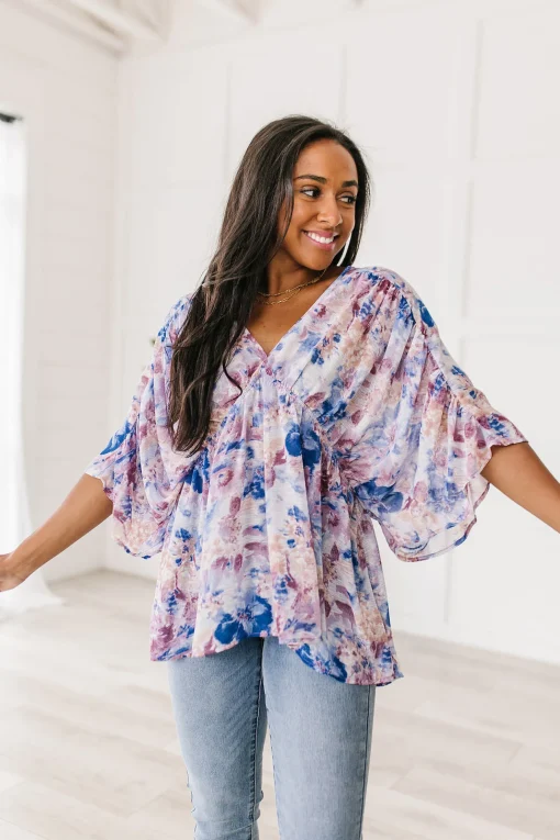 Fabled in Floral Draped Peplum Top in Blue