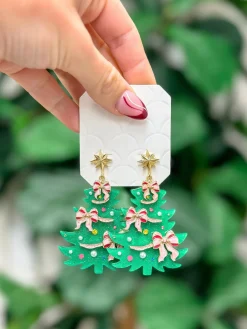 Festive Christmas Tree Dangle Earrings - Pink Bow
