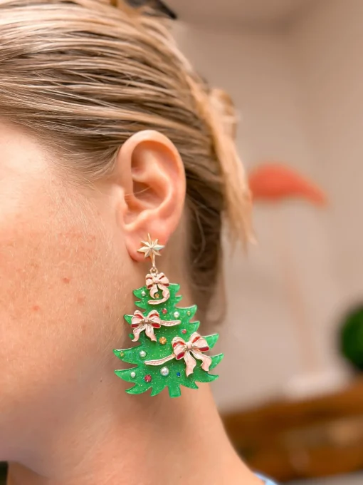 Festive Christmas Tree Dangle Earrings - Pink Bow